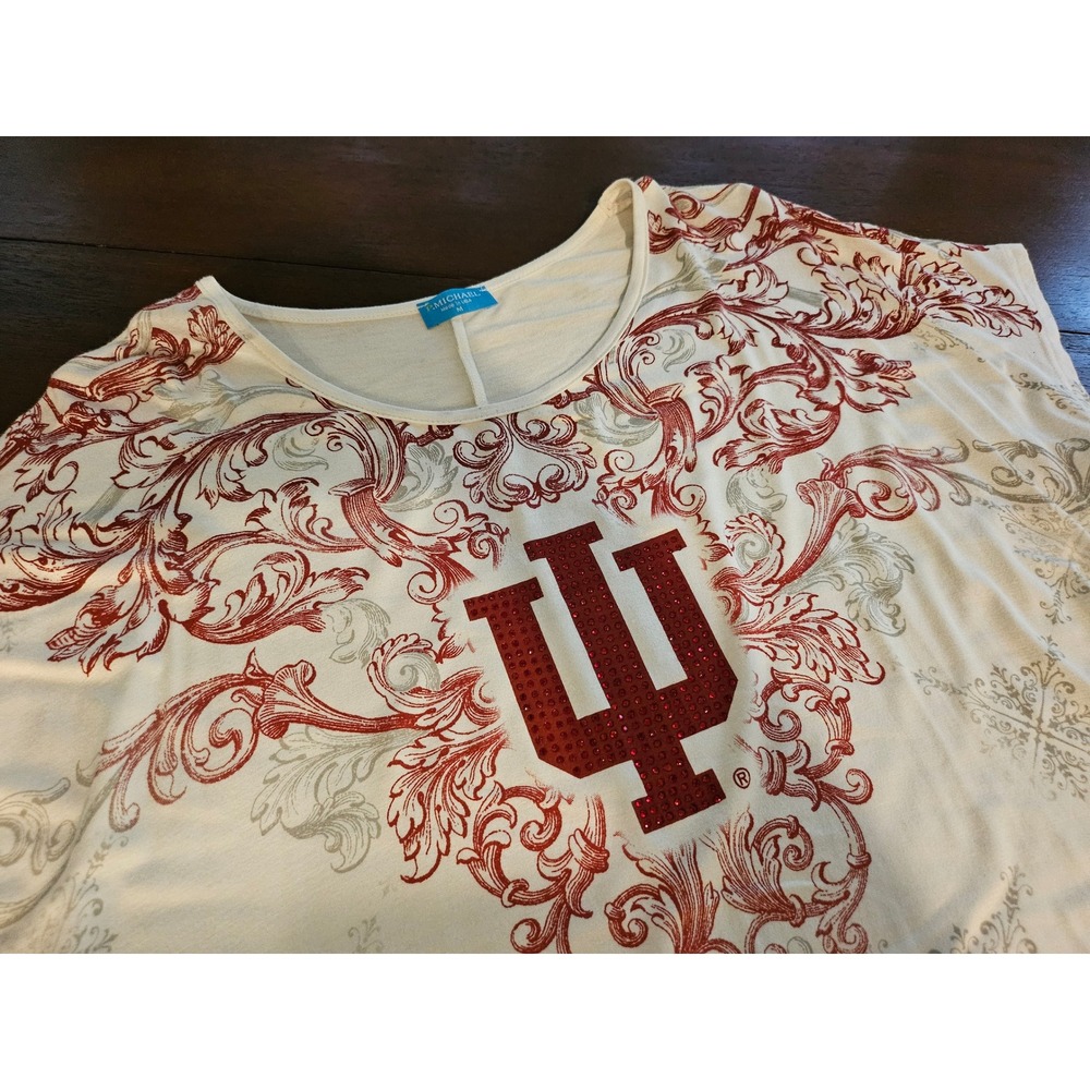 P. Michael Indiana University Hoosiers Women Sz M Cream Rhinestone Filigree Top